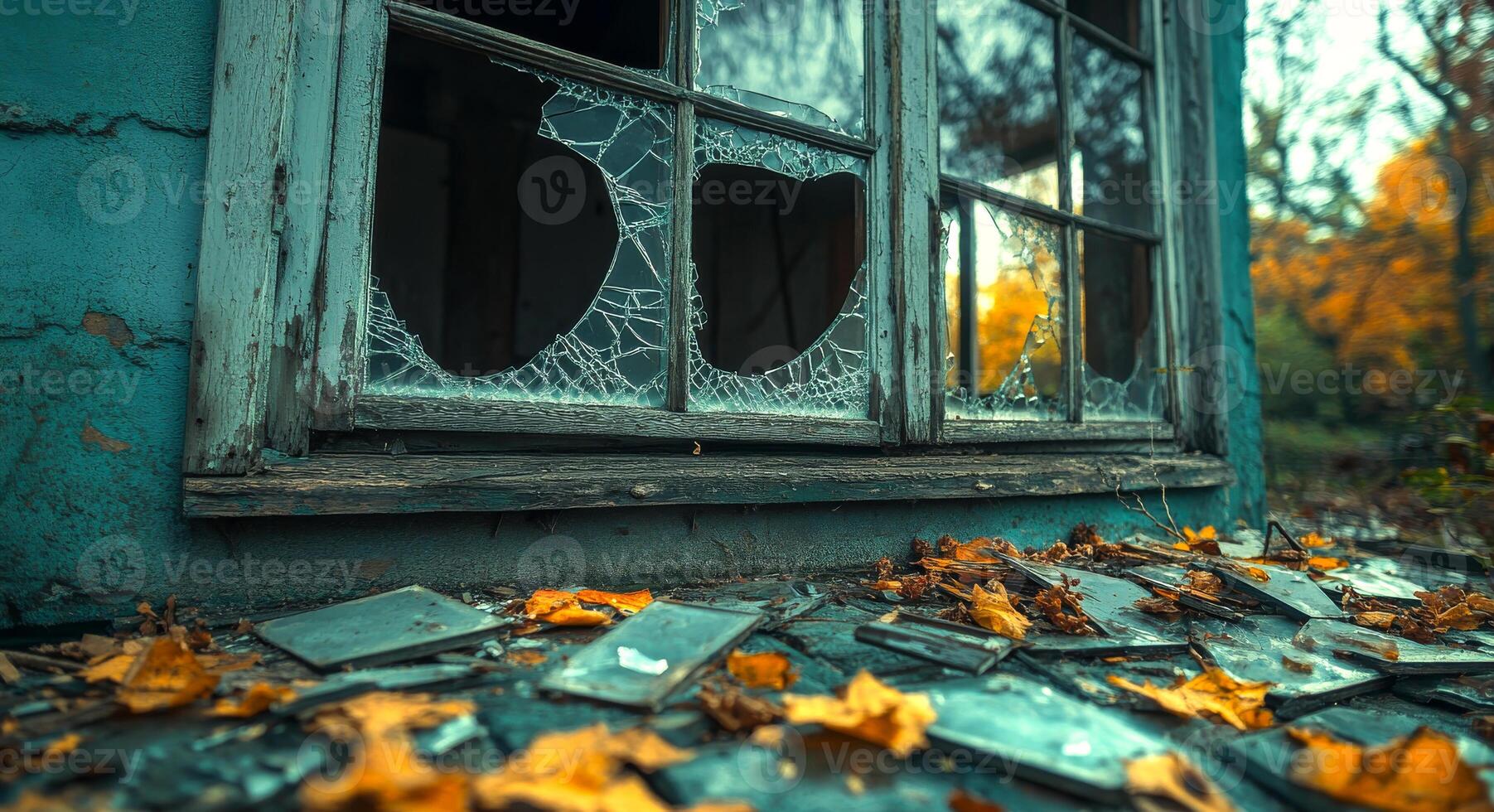 Broken windows reveal autumn's touch. Cracked windows frame fallen leaves, highlighting decay in an abandoned building during autumn. photo