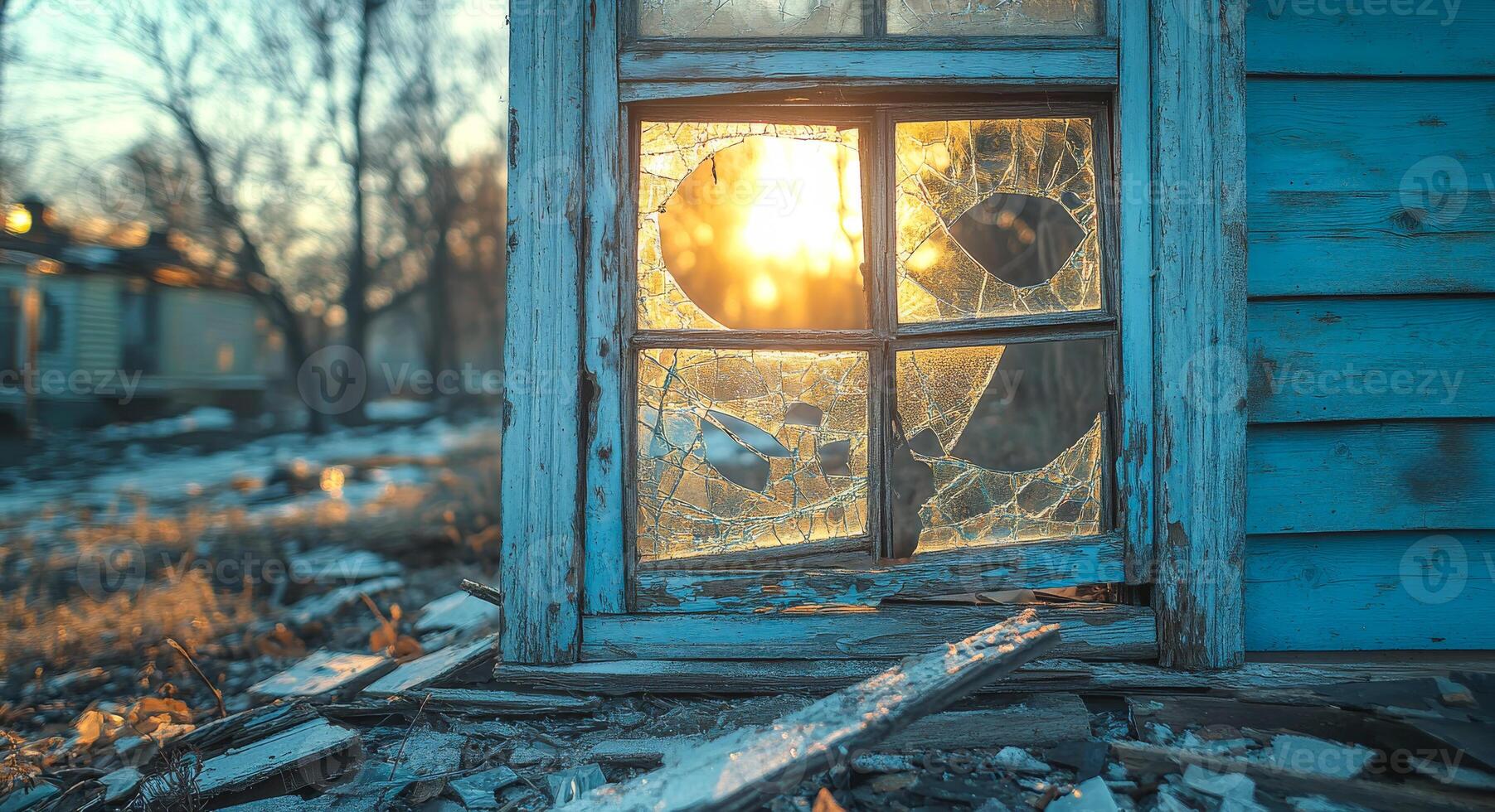 Broken window shows sunset glow. Sunlight filters through a shattered window, illuminating debris outside while casting shadows in a forgotten space. photo
