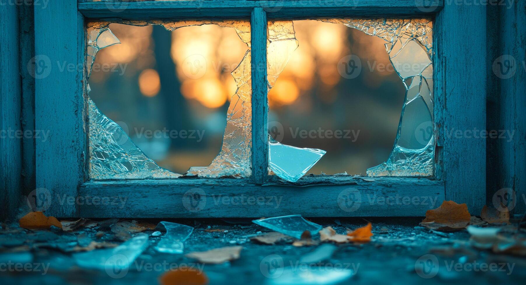Shattered glass, fall leaves at dusk. A broken window reveals a beautiful sunset, with fallen leaves and shards of glass scattered below. photo