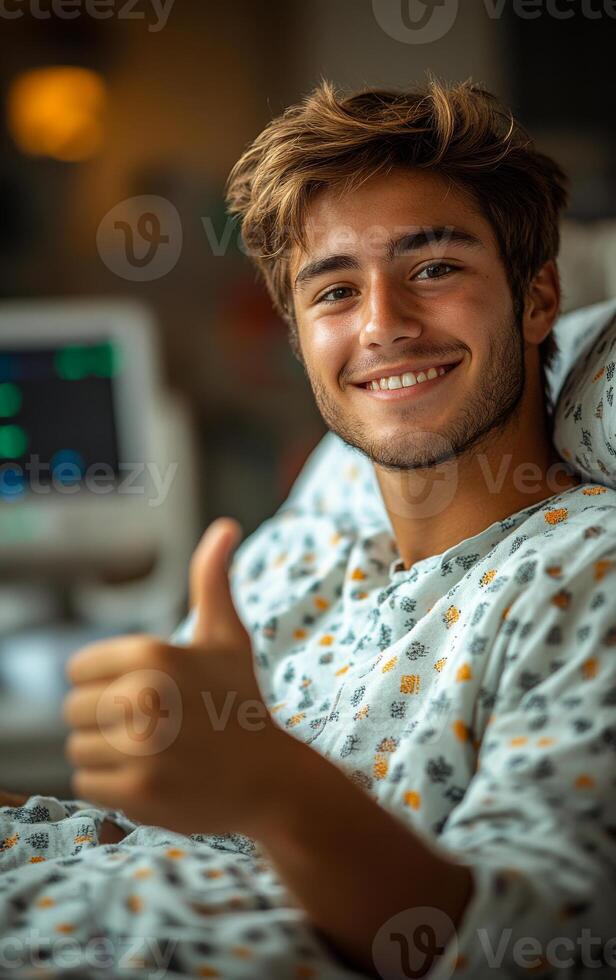 Smiling man gives thumbs up in hospital. A young man in a hospital gown smiles cheerfully while giving a thumbs up, conveying positivity in a medical setting. photo