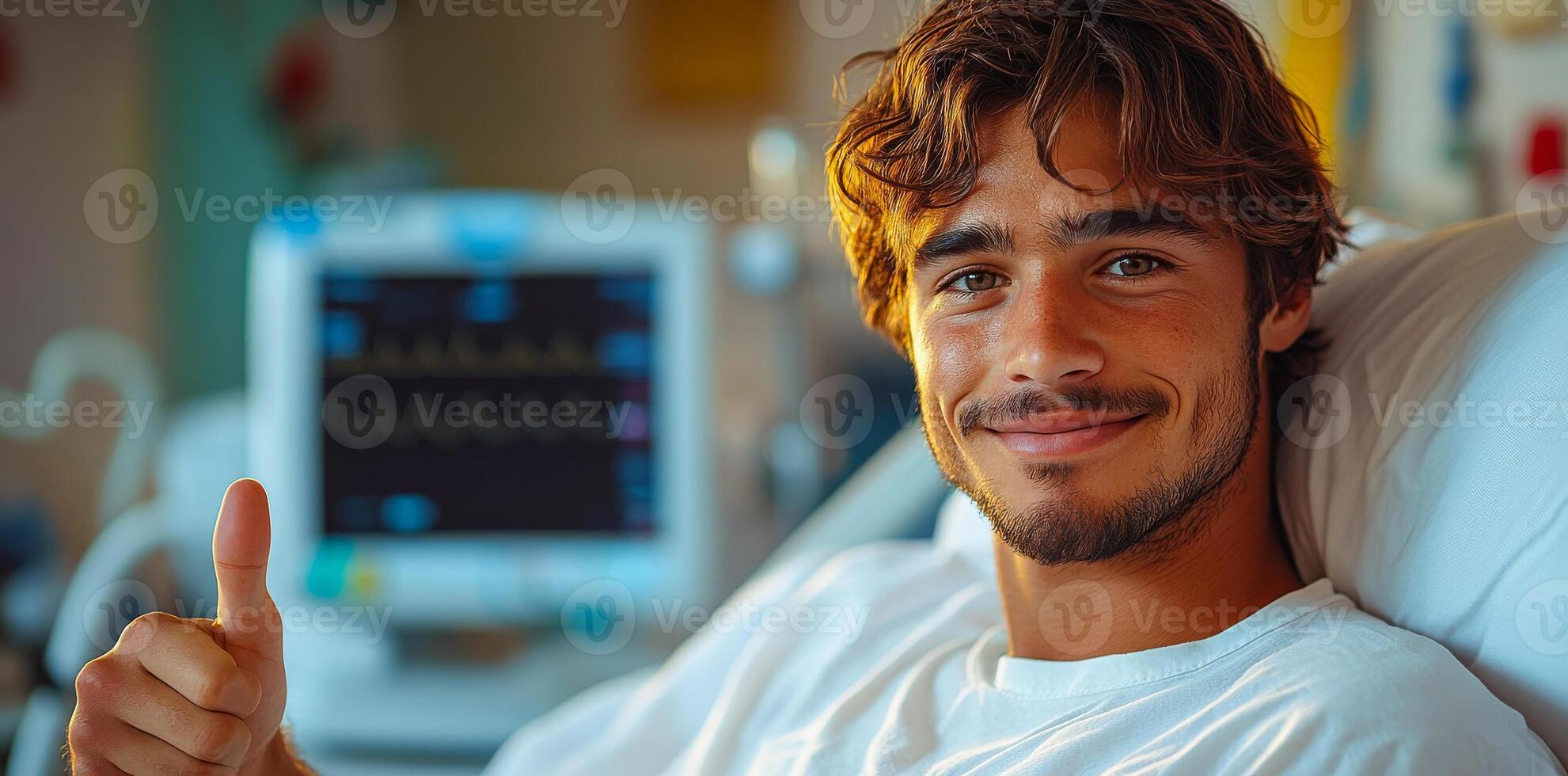 Man smiles in hospital bed post-recovery. A young man gives a thumbs up from his hospital bed, smiling after a successful treatment in a medical facility. photo
