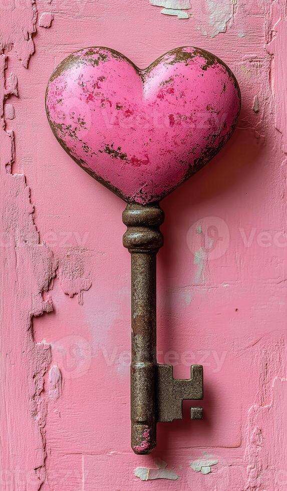Heart-shaped key against pink background. A heart-shaped key in vibrant pink rests against a textured pink surface, showcasing its unique design and charm. photo