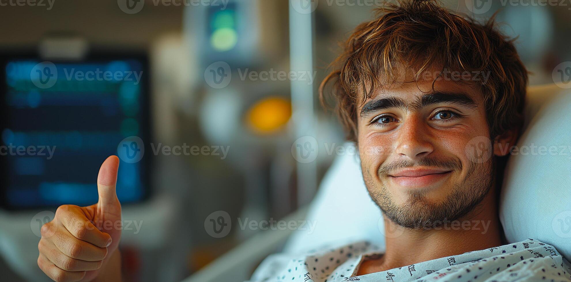 Young patient thumbs up. A young man in a hospital bed smiles and gives a thumbs up, showing his positive recovery spirit. photo