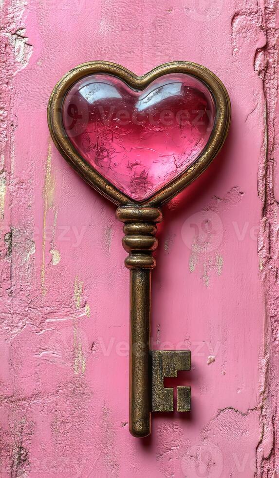 Heart-shaped key resting on pink surface. A heart-shaped key made of metal with a pink glass inset sits on a textured pink background, creating a romantic feel. photo