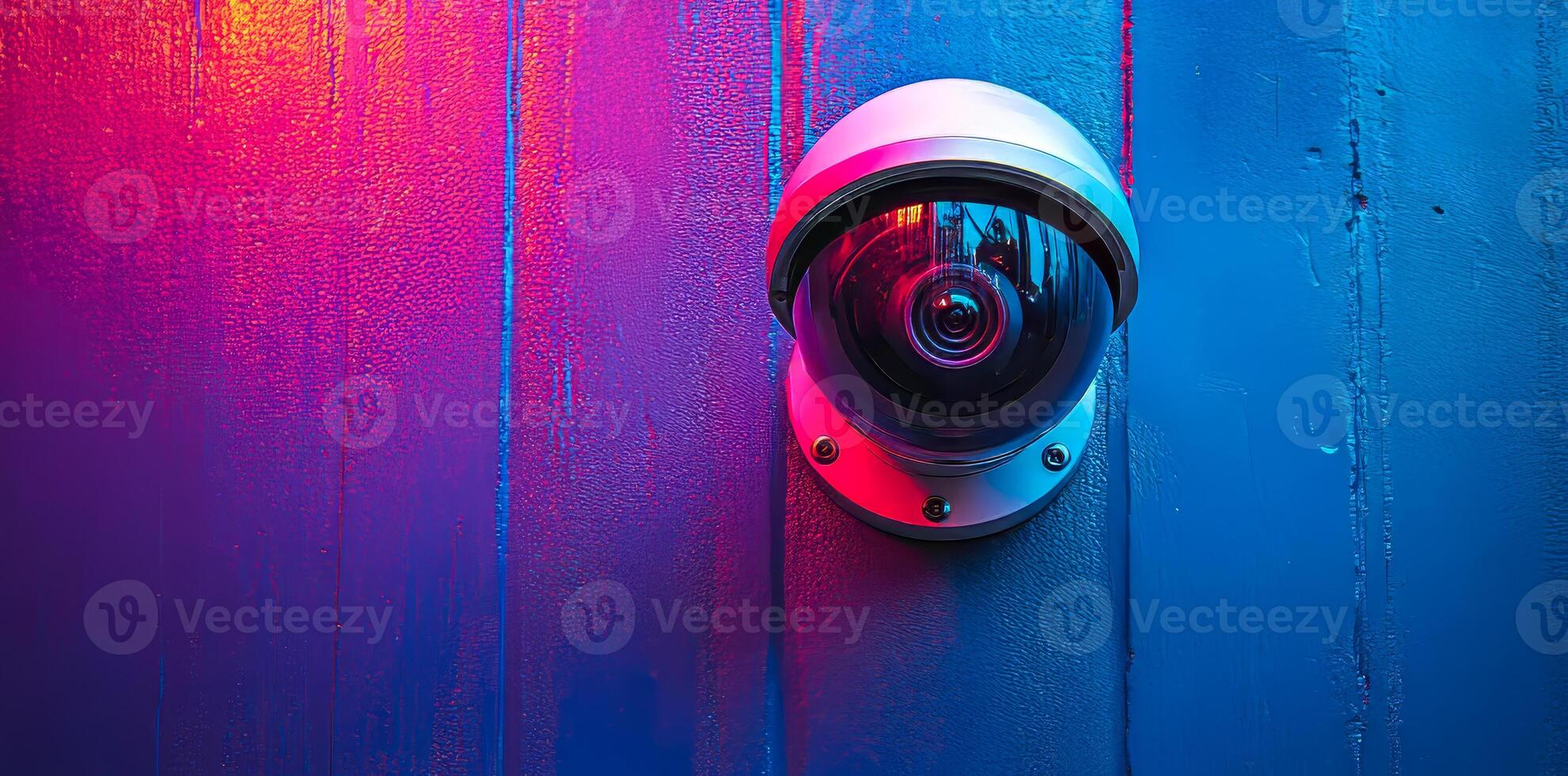 Security camera mounted on blue wall. A round security camera is mounted on a vibrant blue wall, illuminated by colorful lighting at night. photo