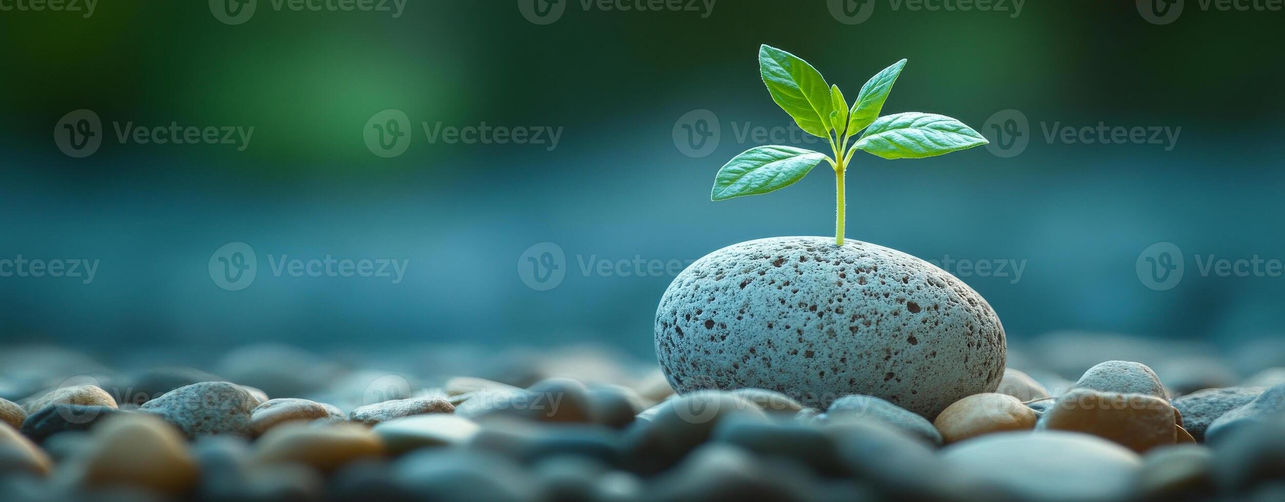 Seedling sprouts on a stone. A small green seedling emerges from a smooth stone, set against a blurred natural background, showcasing resilience. photo