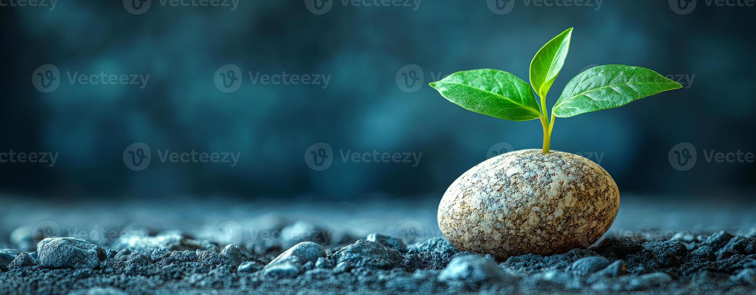 Plant thriving from stone. A small green plant emerges from a smooth stone on dark soil, symbolizing resilience and new beginnings. photo
