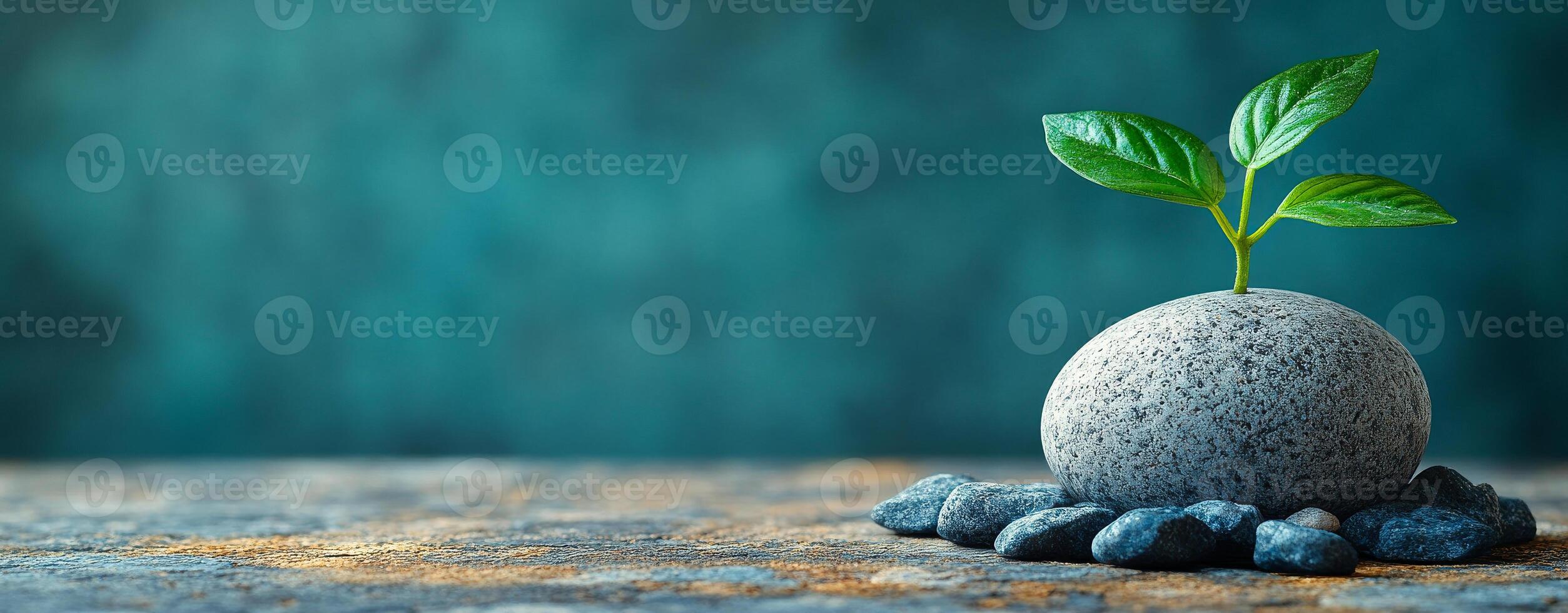 Plant on a smooth stone. A small green plant emerges from a smooth stone, surrounded by pebbles, creating a peaceful and natural atmosphere. photo