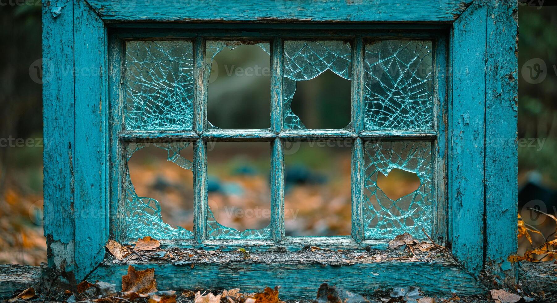 Broken blue window frame in a forest. A cracked blue window frame lies among fallen leaves, showcasing nature's gentle reclamation in the woods. photo