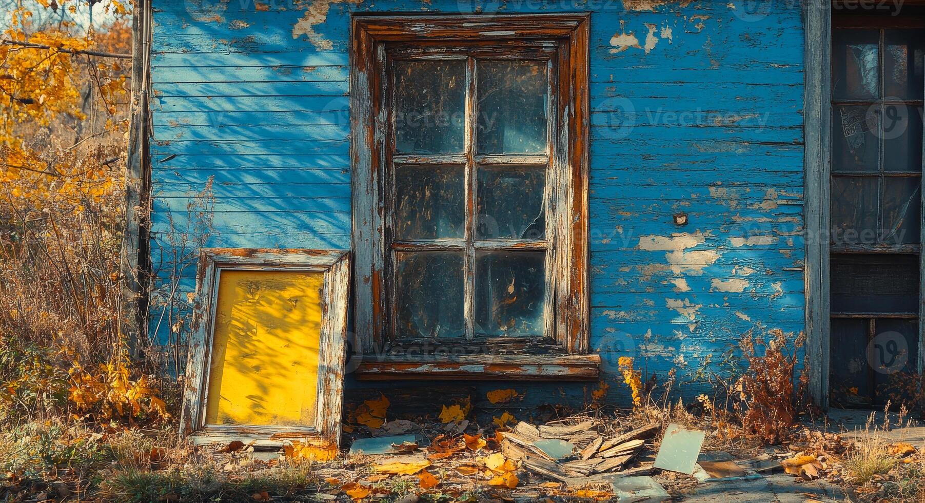 Blue house with yellow frame. A weathered blue house showcases an old window and a vibrant yellow frame against a backdrop of autumn leaves. photo