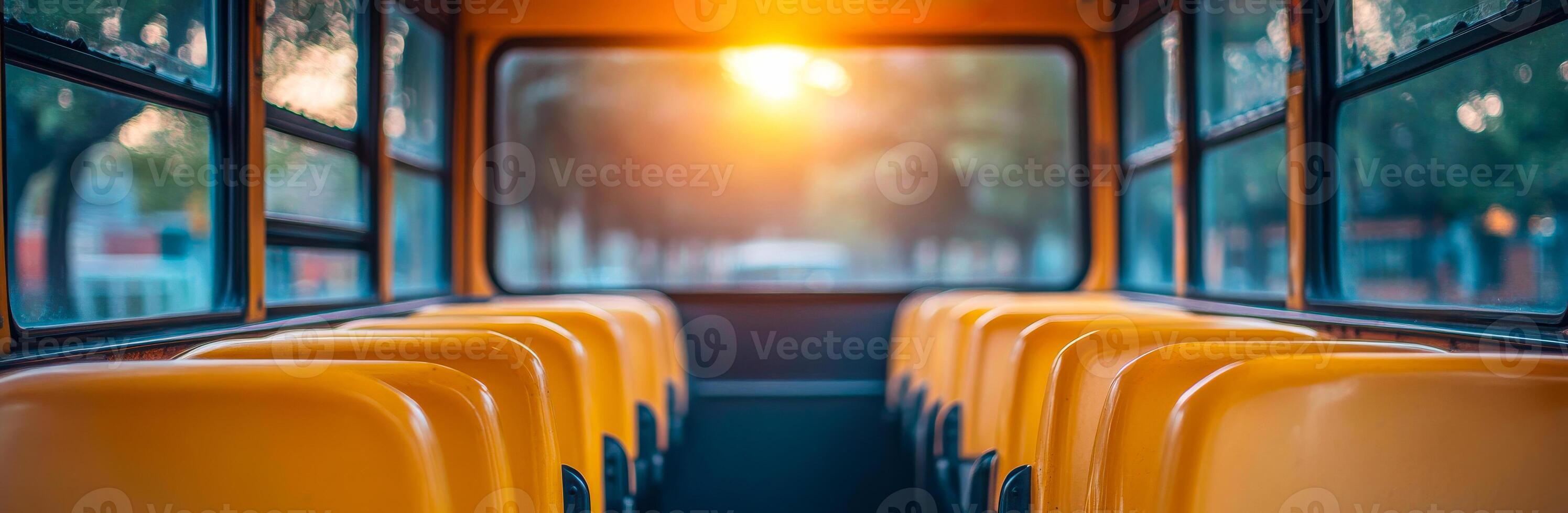Sunlight streaming through a school bus. Yellow seats line the interior of a school bus as sunset light illuminates the space, creating a warm atmosphere. photo