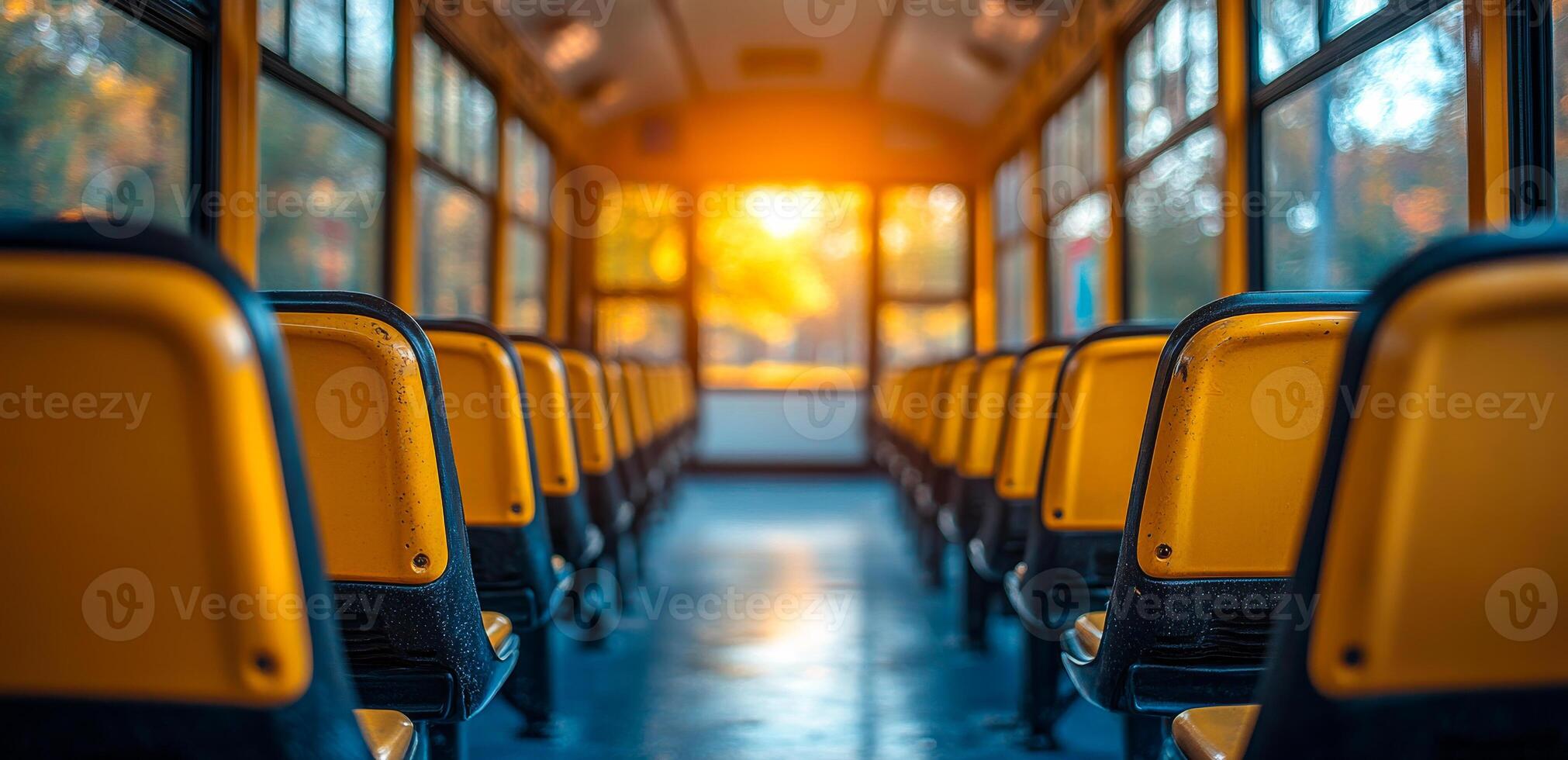 Sunset light fills empty bus interior. Soft sunlight pours through windows of an empty bus, highlighting the yellow seats and creating a warm atmosphere. photo