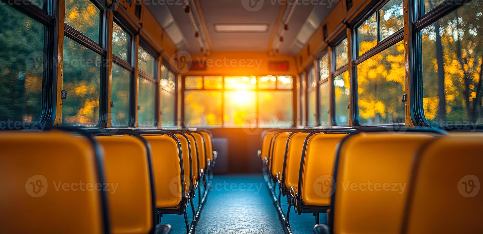 Warm sunset lights empty bus. Sunlight streams through the windows of an empty bus, highlighting the vibrant yellow seats during sunset. photo