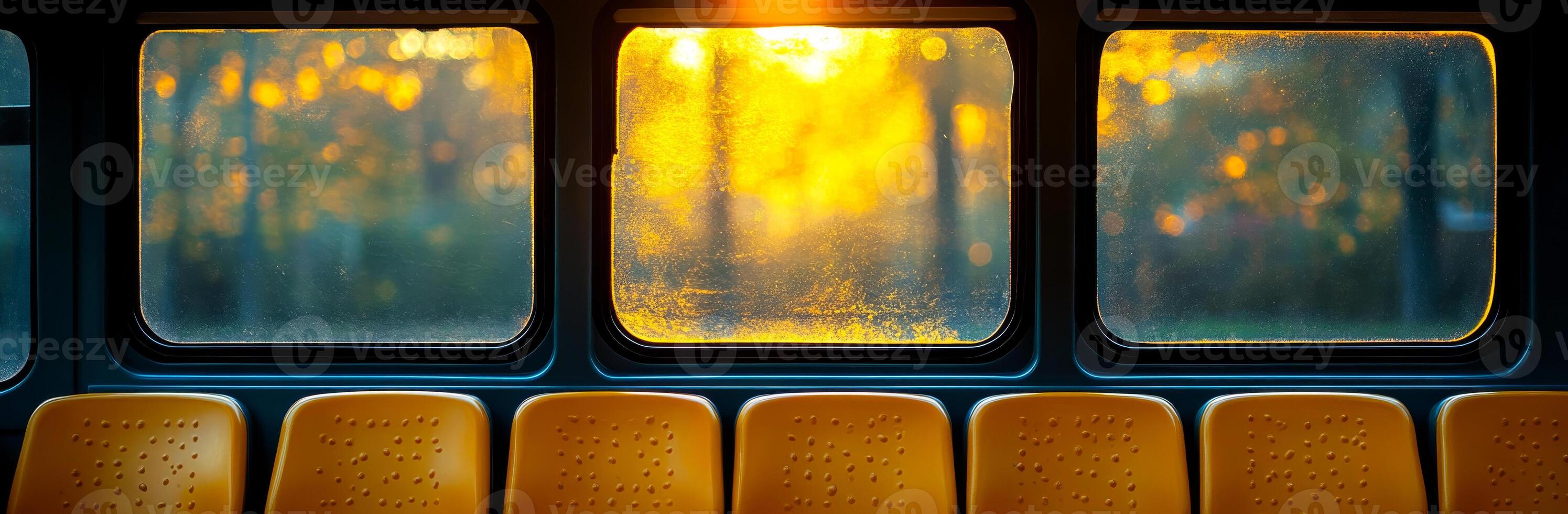 Sunset view from a bus window in autumn. Warm sunlight filters through a bus window, illuminating the seats and creating a cozy autumn atmosphere. photo