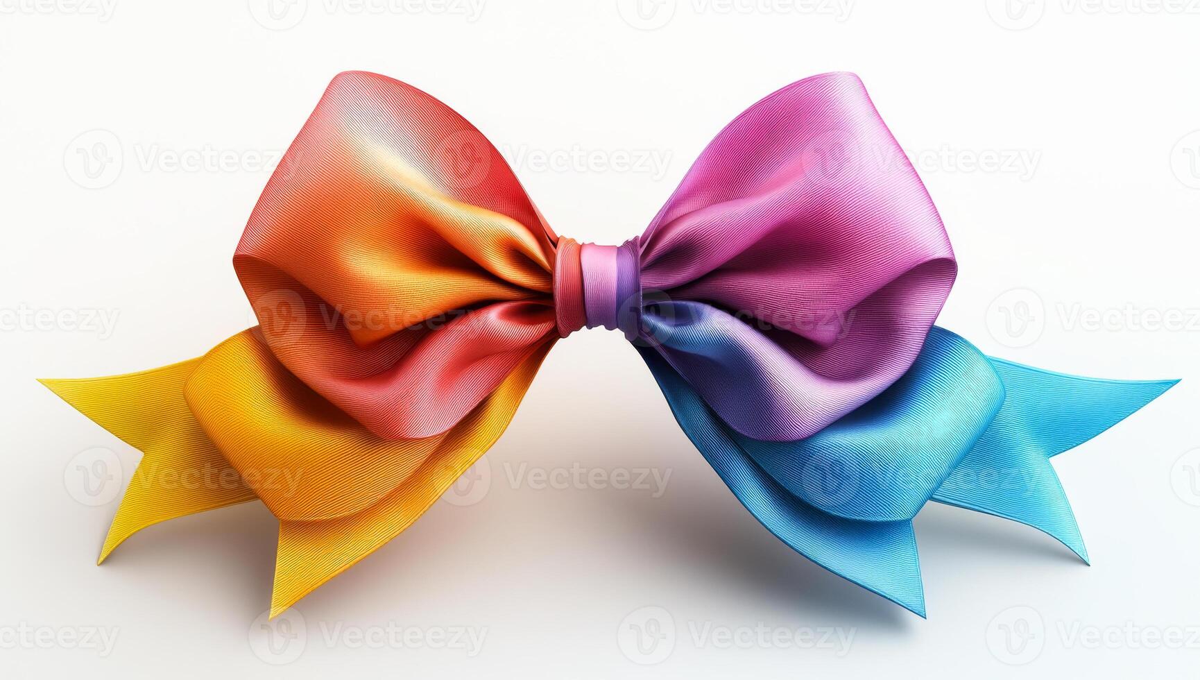 Colorful bow for crafts. A colorful ribbon bow in orange, pink, yellow, and blue stands out on a white background, perfect for crafts. photo