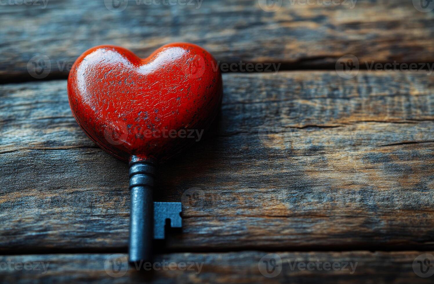 Heart-shaped key on wooden surface. A vibrant heart-shaped key rests on an aged wooden table, symbolizing love and connection in a cozy setting. photo