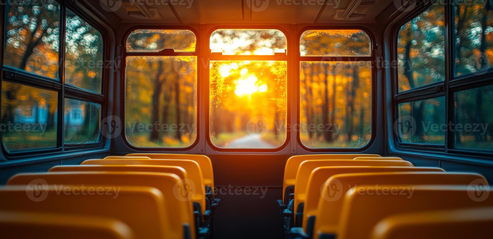 Warm sunset viewed from empty bus seats. Bright orange sunset shines through bus windows, illuminating empty yellow seats in a tranquil forest setting. photo