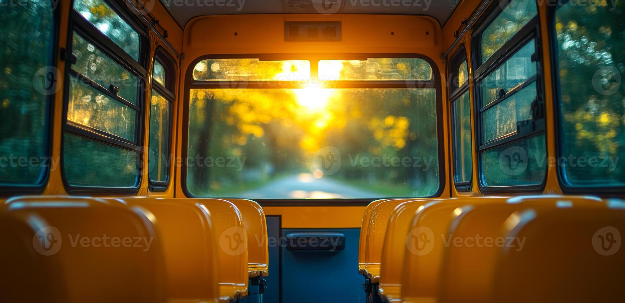 Warm sunset light through bus windows. Soft sunlight spills into a vacant bus interior, highlighting the warm yellow seats against a serene backdrop. photo
