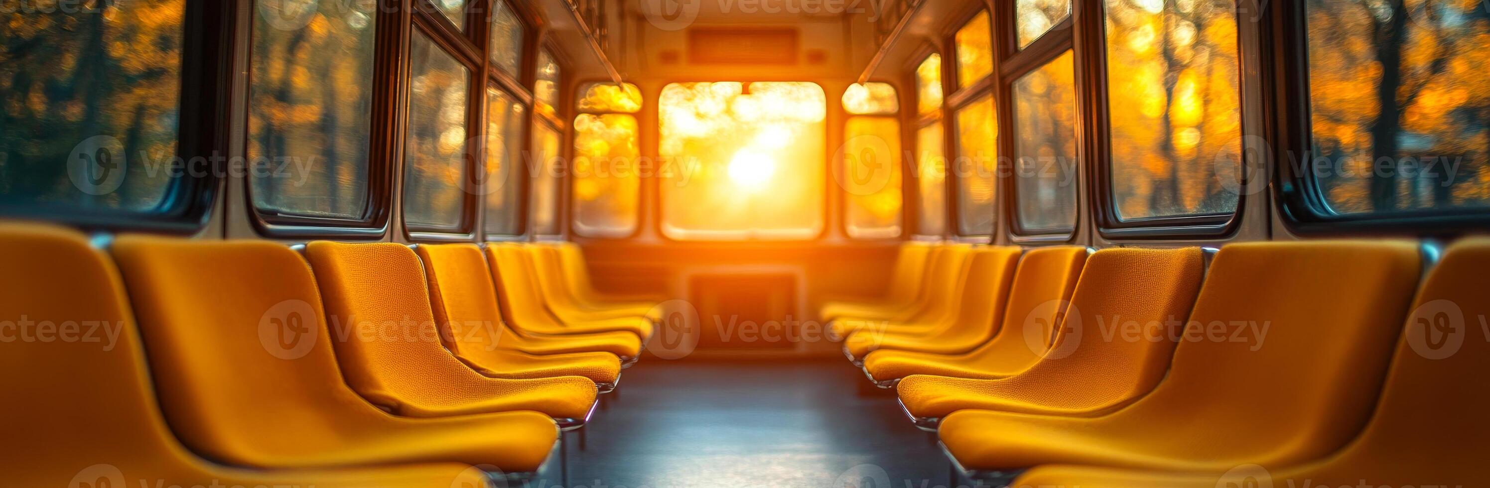 Sunset light fills empty bus. Sunlight streams through windows of an empty bus, creating a warm and inviting atmosphere with vibrant orange hues. photo
