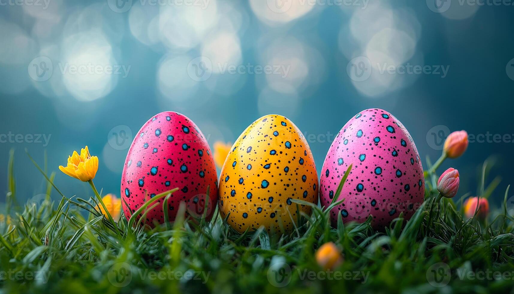 Colorful eggs placed in green grass. Three vibrant eggs in pink, yellow, and red are nestled in lush green grass with small flowers around them. photo