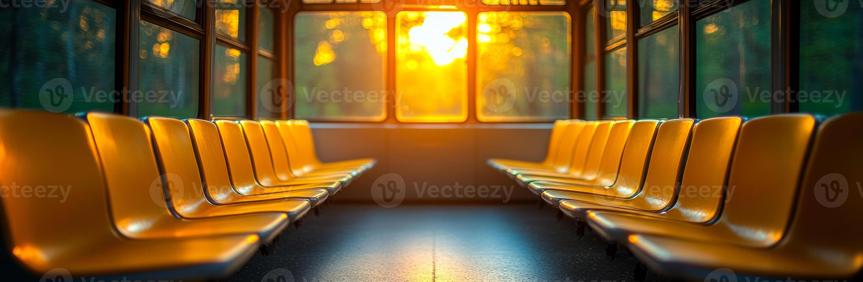 Sunset lights empty train. Empty train car with vibrant yellow seats bathed in warm golden sunlight during sunset, creating a cozy atmosphere. photo