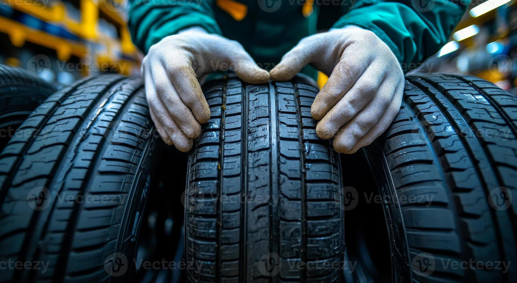 Tech checks new tires in stock. A technician inspects tire tread in a vehicle warehouse during the day, ensuring quality standards. photo