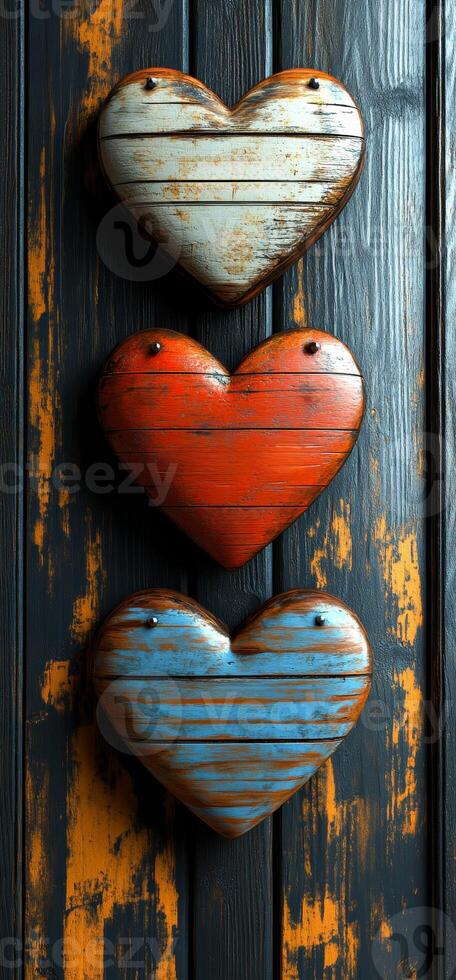 Colorful wooden hearts on a wall. Three wooden hearts hang on a rustic wall, showcasing vibrant colors and a weathered texture that adds charm. photo