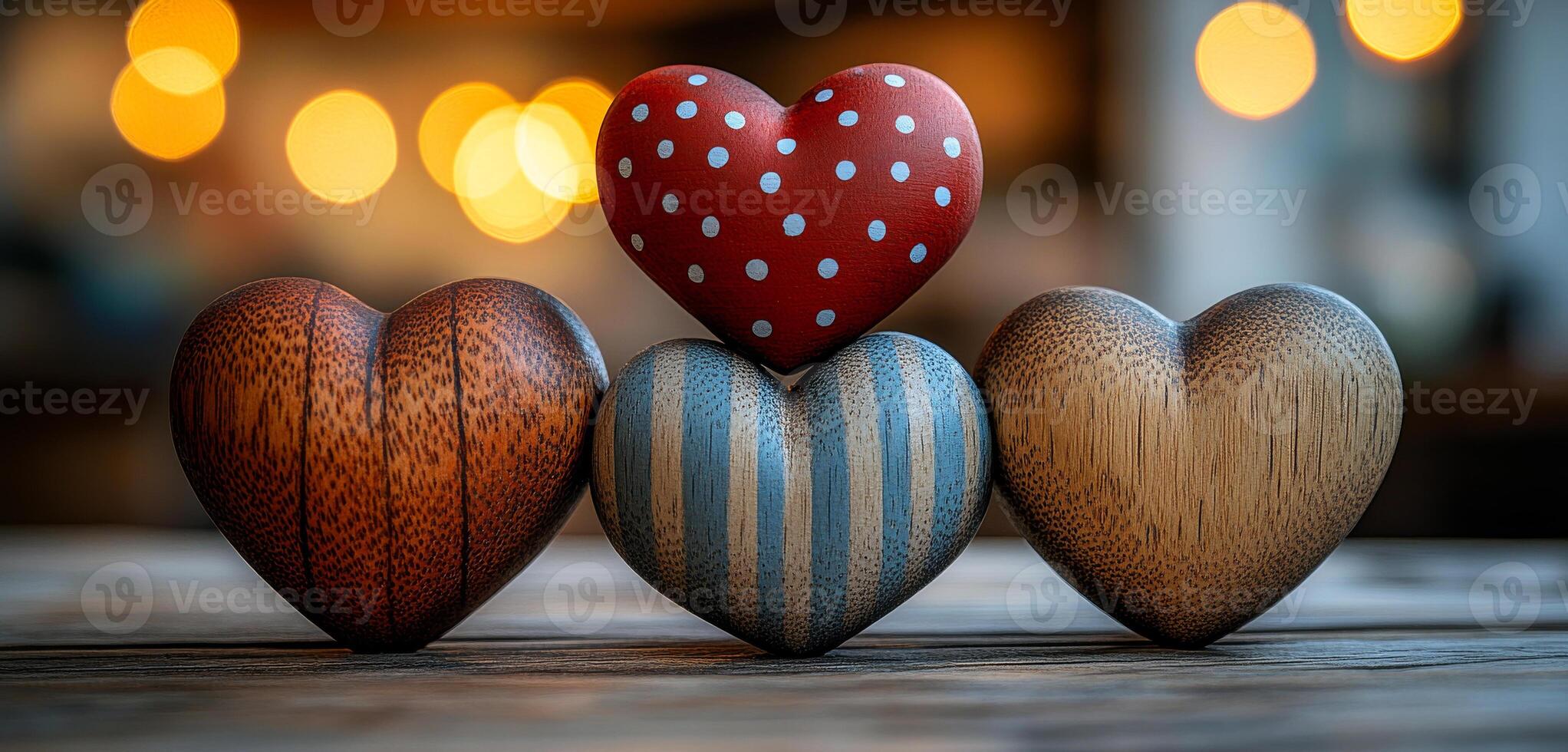 Colorful wooden hearts on table. Four decorative wooden hearts in various colors and patterns are creatively arranged on a rustic wooden table. photo