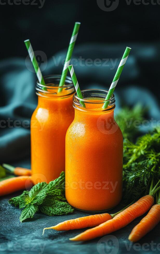 Fresh carrot juice in bottles. Two bottles of bright orange carrot juice are placed next to fresh carrots and mint leaves on a dark surface. photo