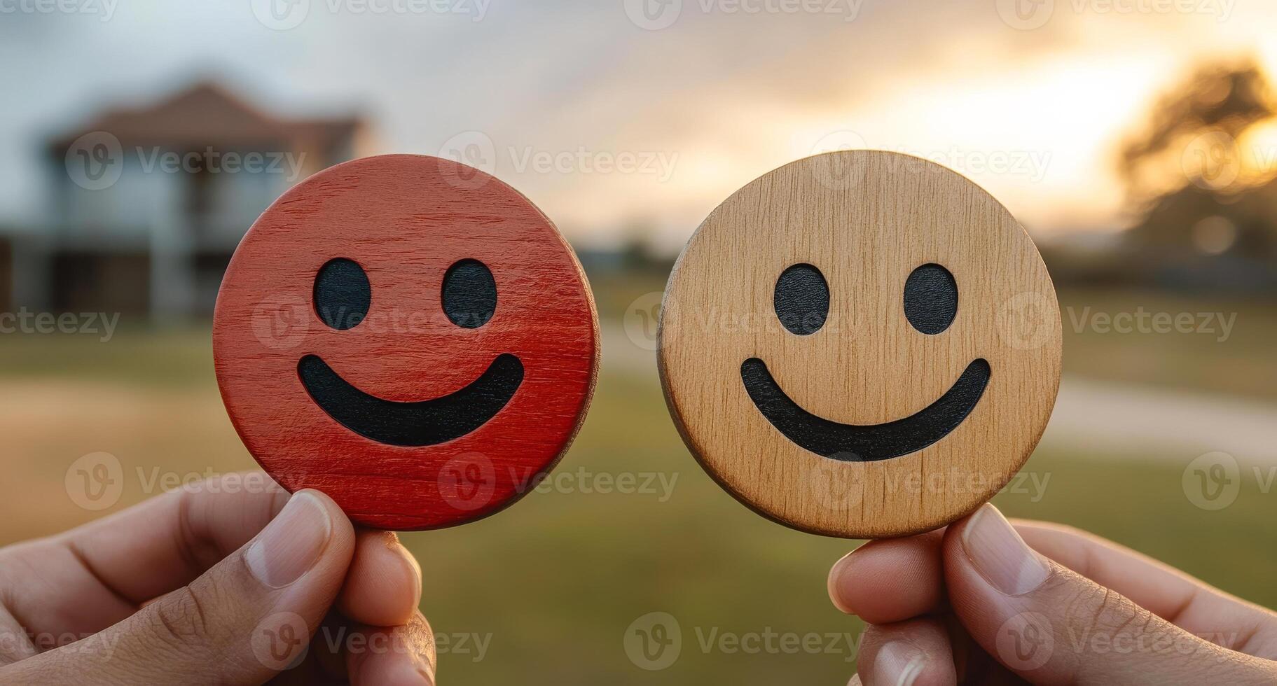 Hands with wooden smiles at sunset. Two hands hold contrasting smiley face tokens, one red and one light wood, against a sunset backdrop. photo