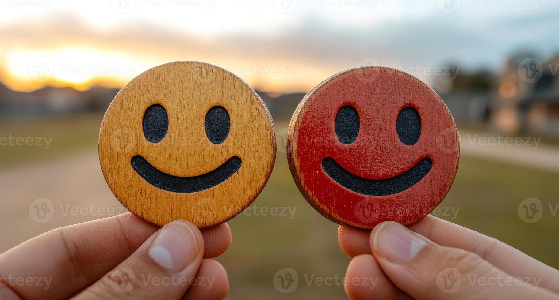 Joyful wooden tokens held at sunset. Two colorful wooden smiley tokens are held by hands during sunset in an outdoor setting, symbolizing happiness. photo