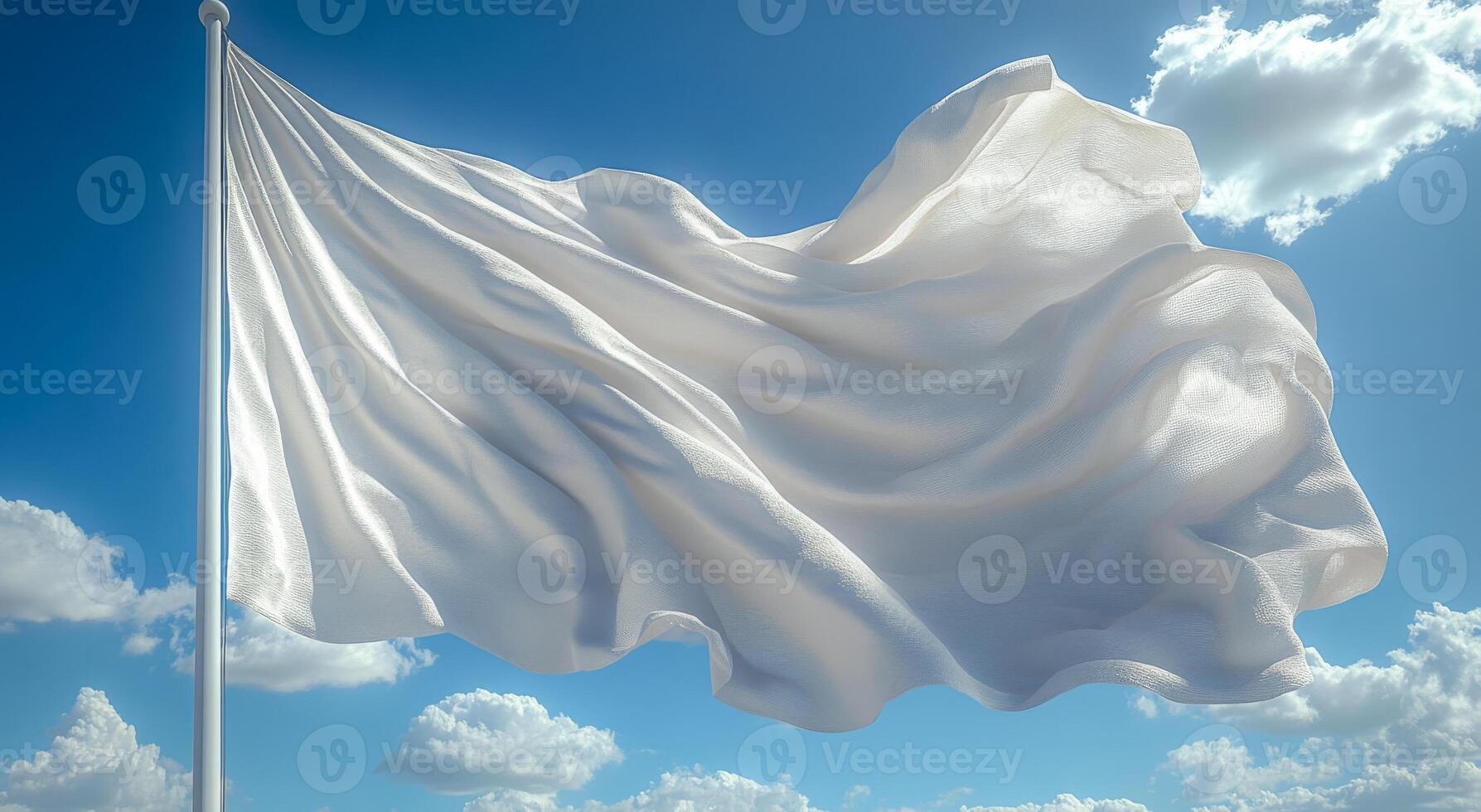 White flag waving in a clear blue sky. A large white flag flutters gently against a bright blue sky with fluffy clouds, symbolizing peace or surrender. photo