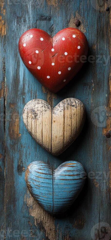 Colorful wooden hearts on rustic surface. Three colorful wooden hearts are stacked vertically against a weathered blue backdrop, creating a charming look. photo