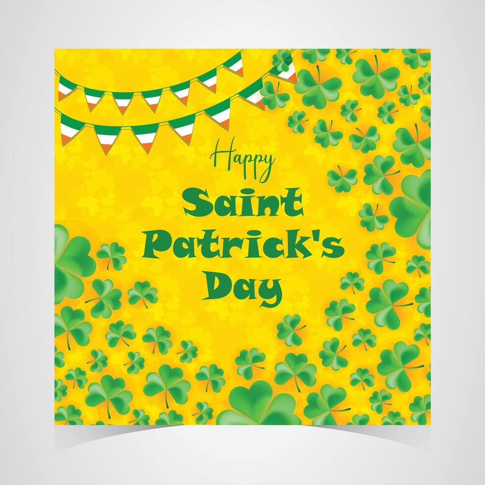 st. patrick's day bright yellow background with green shamrocks and irish flag bunting, festive lucky holiday greeting card vector