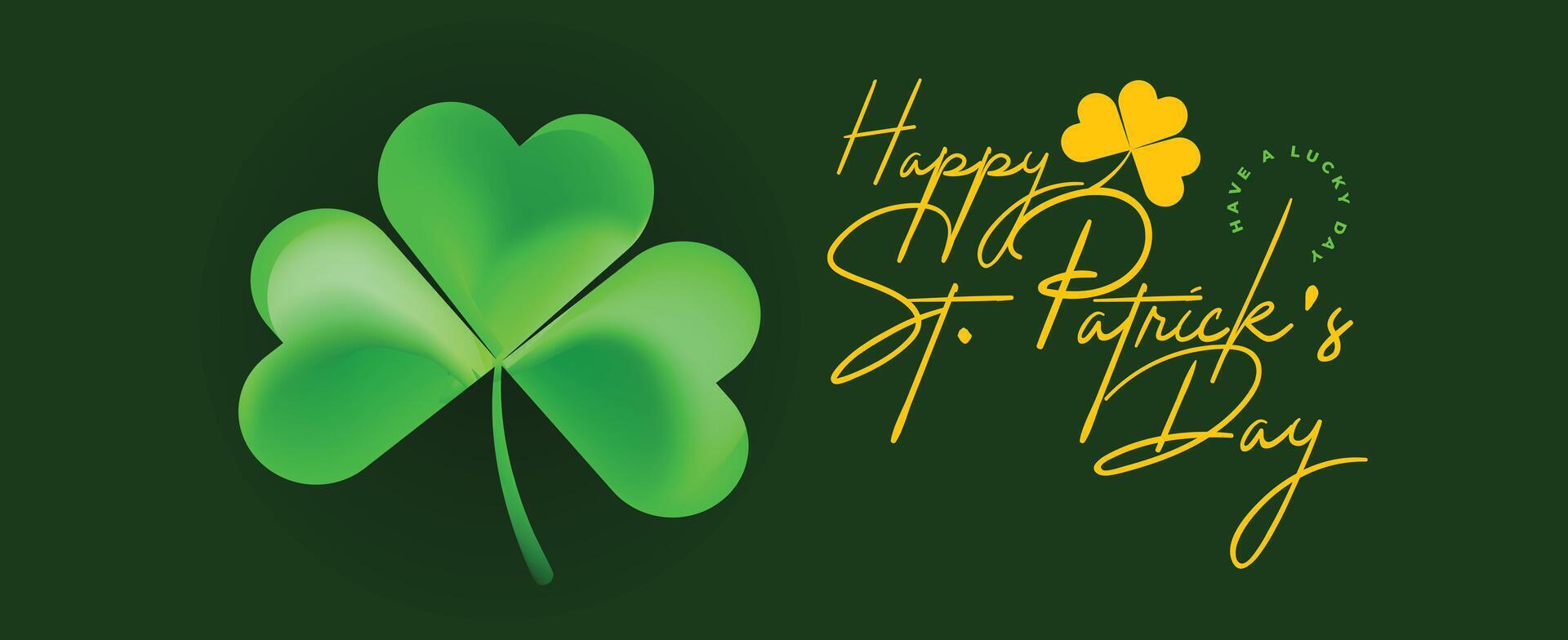st. patrick's day banner with large shamrock and golden script typography on dark background, elegant irish holiday theme vector
