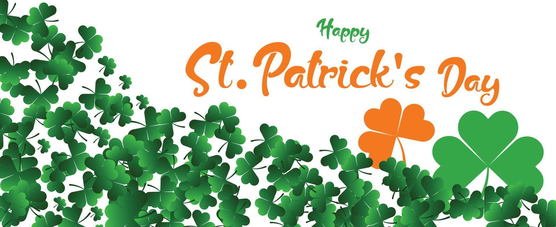 st. patrick's day festive greeting banner with cascading green and orange shamrocks, white background, and decorative typography vector