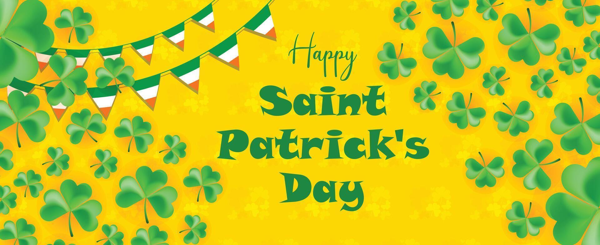 st. patrick's day bright yellow background with scattered shamrocks and irish flag bunting, festive holiday celebration design vector
