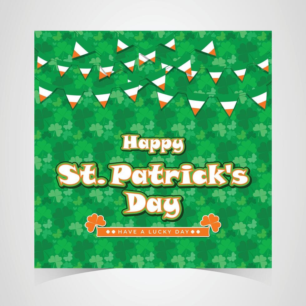 st. patrick's day festive greeting card with green background, scattered shamrocks, and irish flag bunting, traditional lucky holiday vector