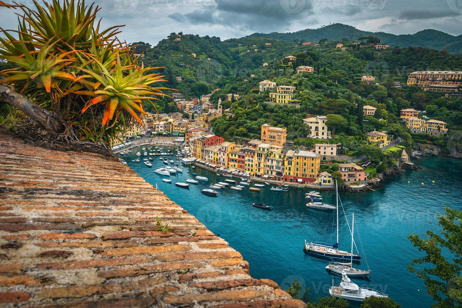 Anchored boats and yachts in the marina of Portofino, Italy photo