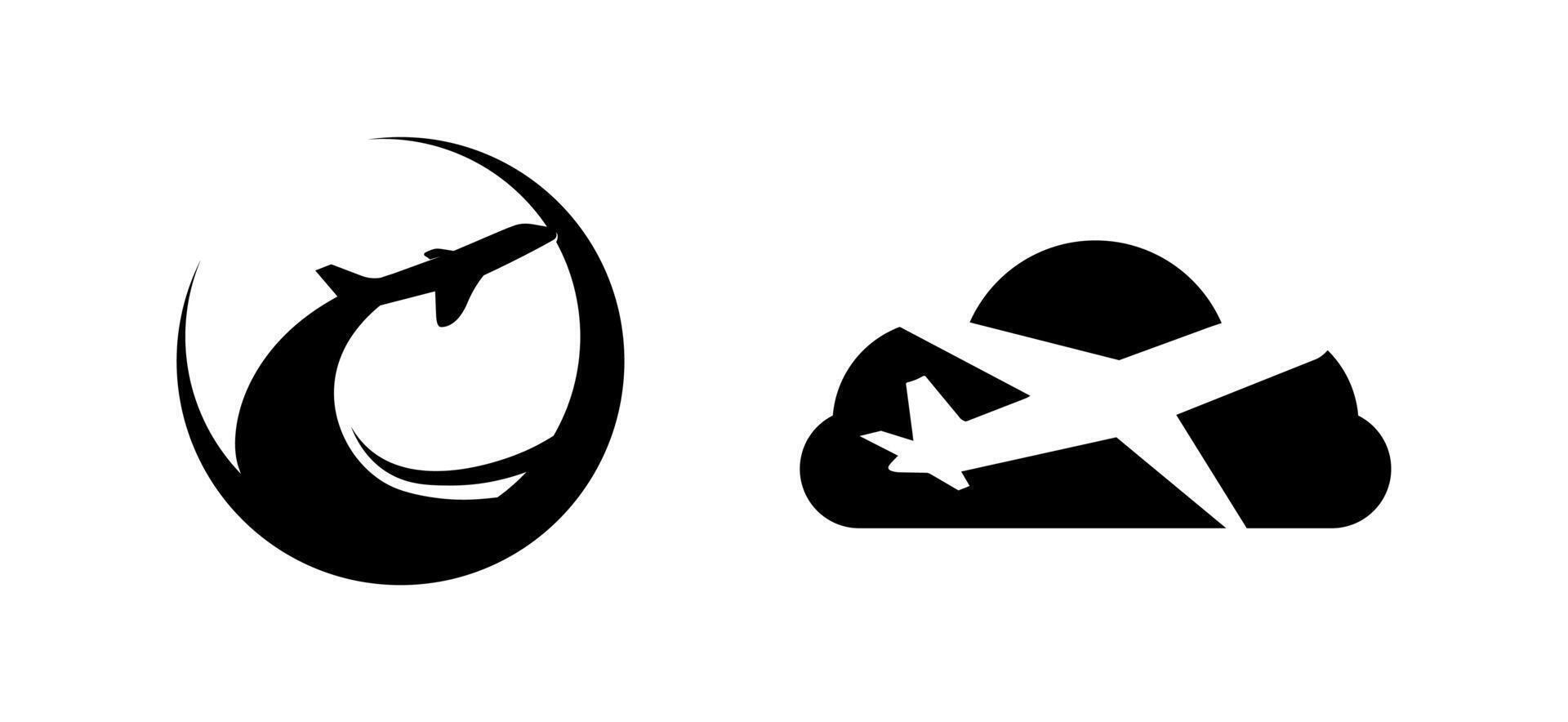 Flight aeroplane and logo design transportation illustration on black and white colour vector