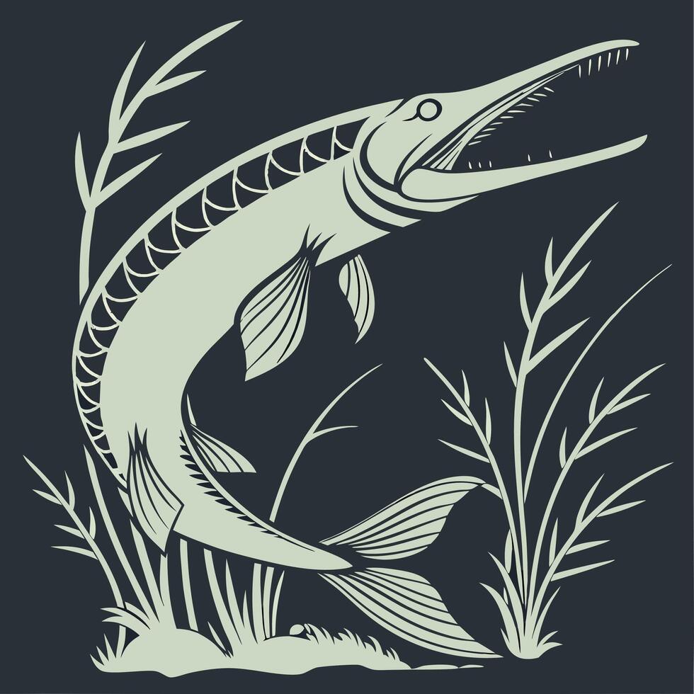 A Alligator Gar fish with long teeth and a long tail in the grass vector