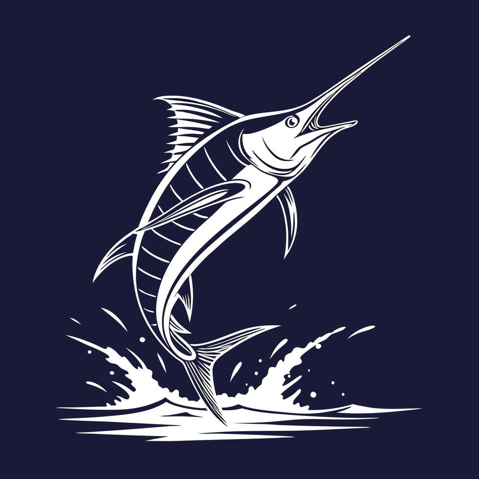 marlin fish jumping out of the water, white on black background vector