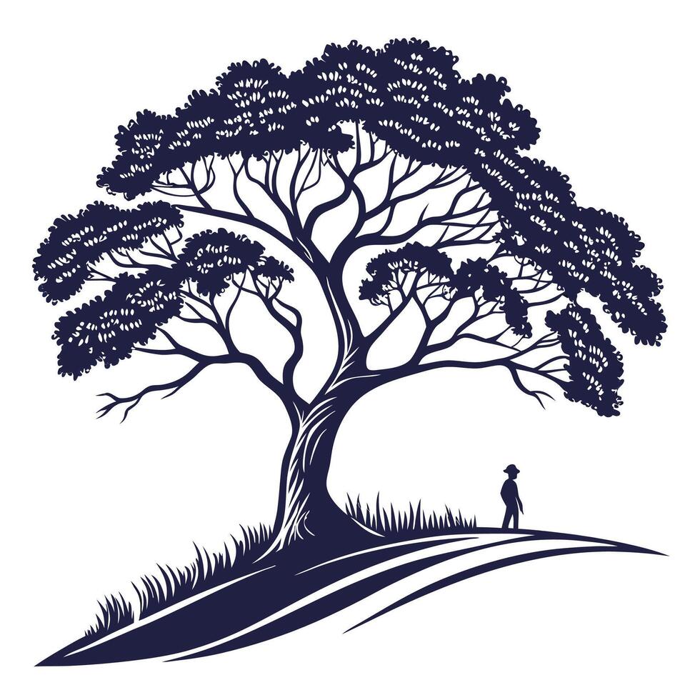 Silhouette of a tree with a man standing under it vector