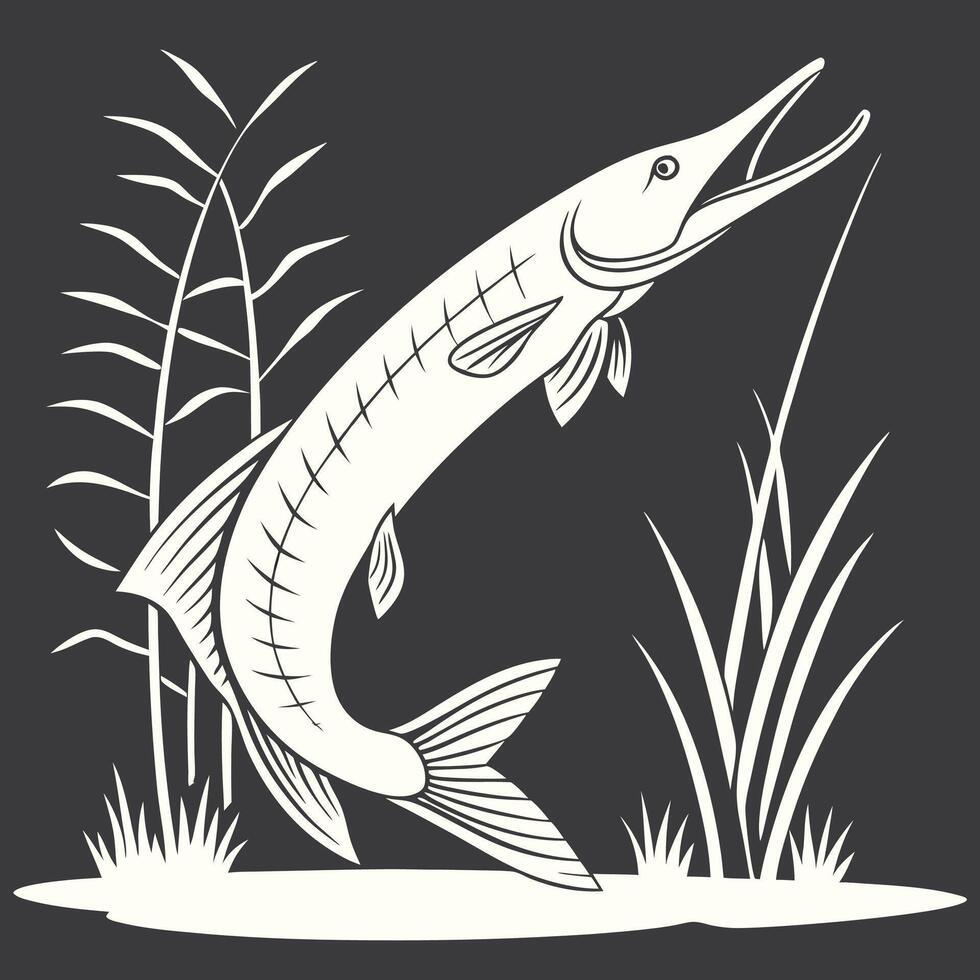 A Alligator Gar fish jumping out of the water with grass and reeds vector