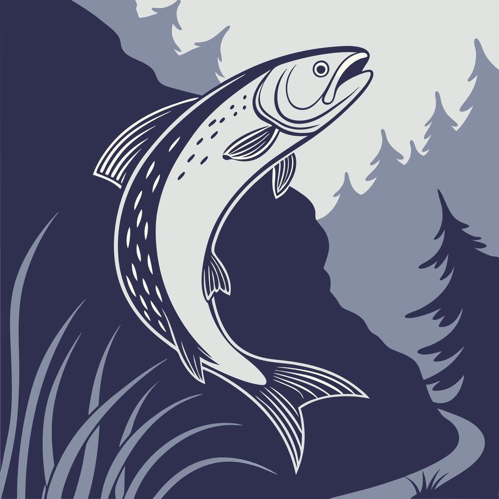 A Lake Whitefish jumping out of the water in the forest vector