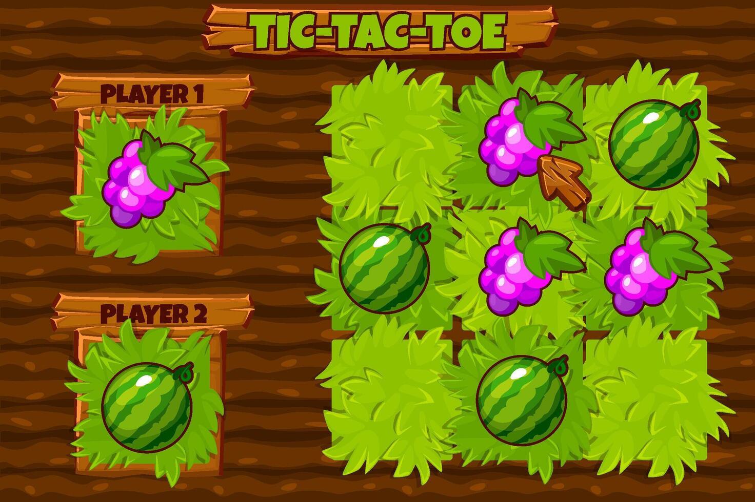 Board game TIC-TAC-TOE. Farm themed wit watermelon and grape players . Ground background with grass. Zero and crosses grid. Board logic game for your game development UI vector
