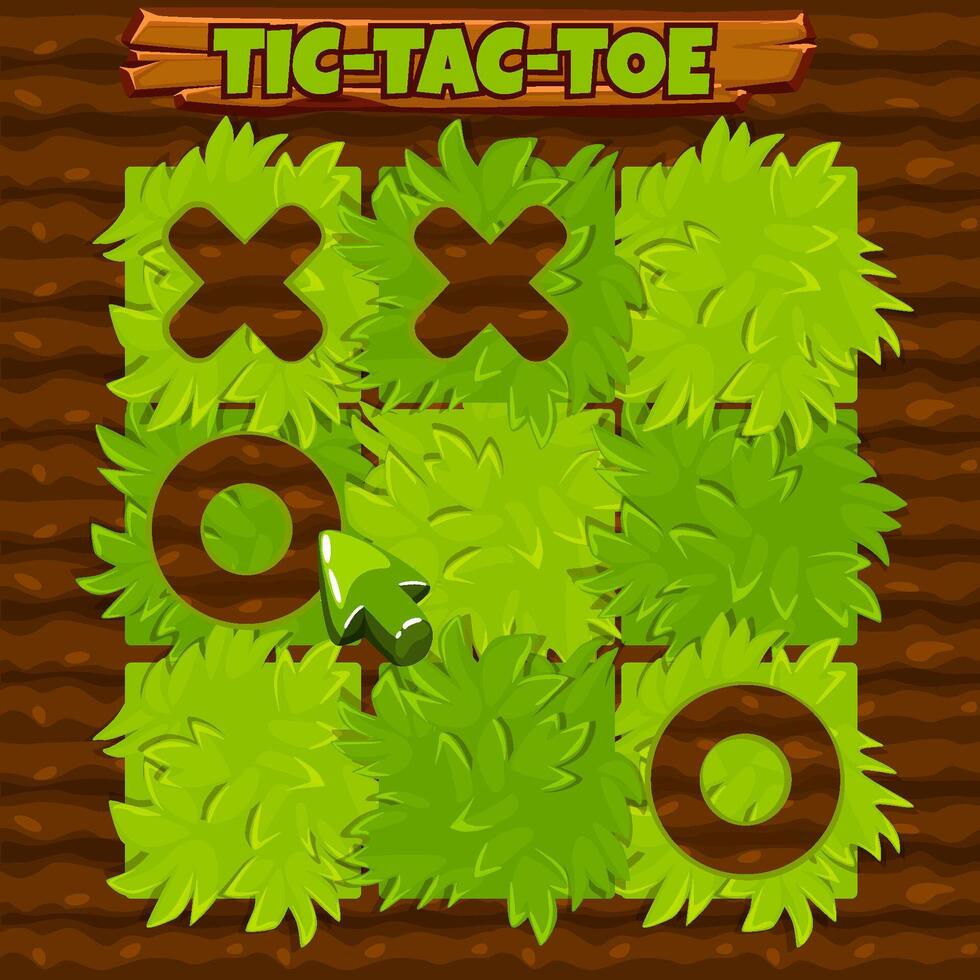Board game TIC-TAC-TOE. Farm themed. Ground background with grass. Spring holiday printable worksheet. Zero and crosses grid. Board logic game for your game development UI. vector