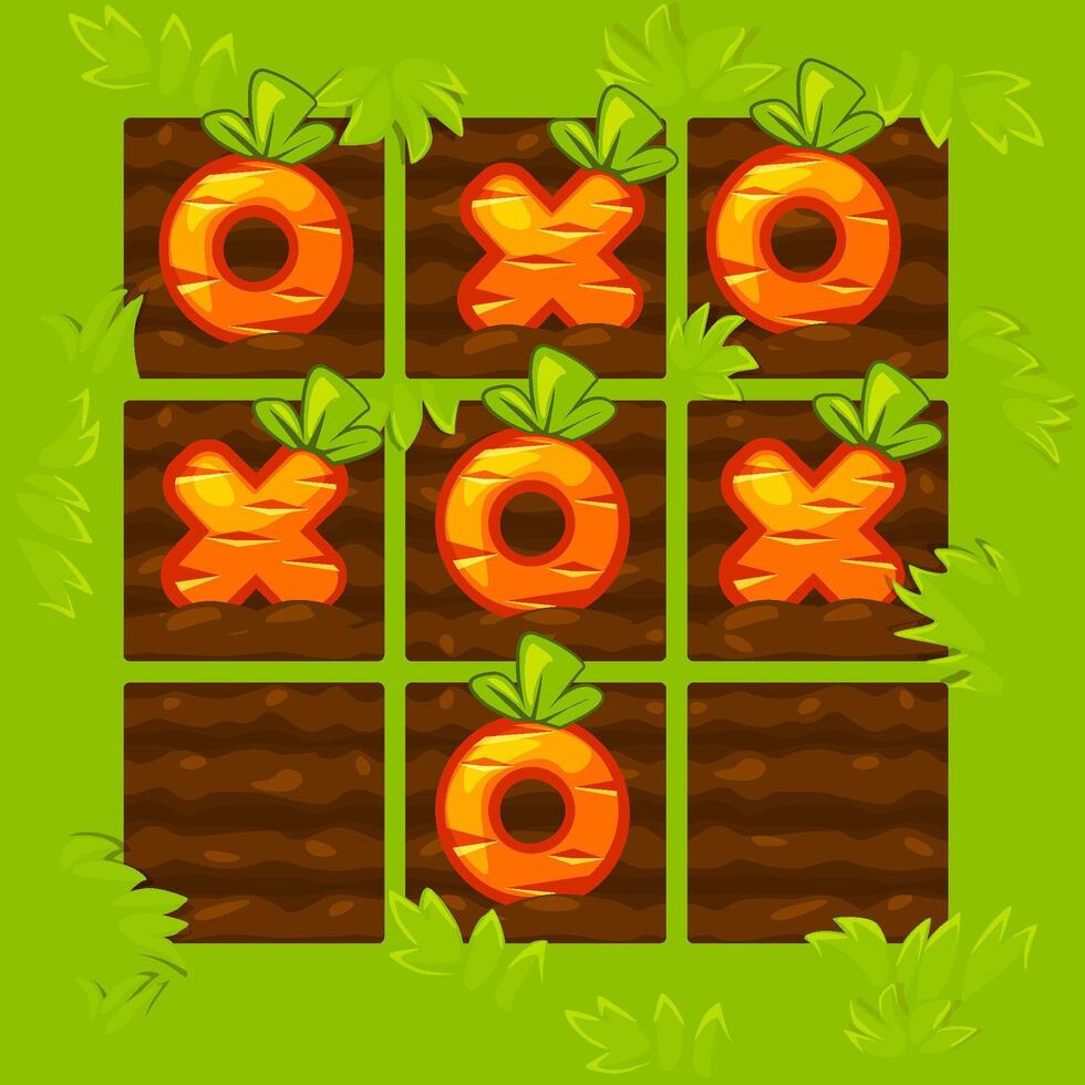 Board game TIC-TAC-TOE. Farm themed. Grass background with Carrots. Spring holiday printable worksheet. Zero and crosses grid. Board logic game for your game development UI. vector
