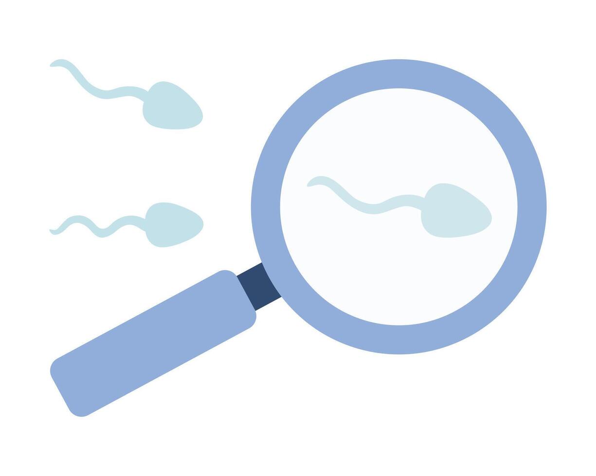 Sperm test analysis symbol. Spermatozoon and magnifying glass. Illustration in flat style. vector