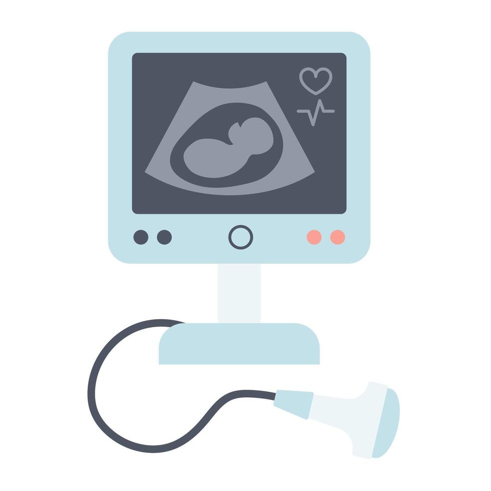 Ultrasound equipment with baby on the screen. Cartoon icon illustration in flat style. vector